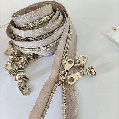 Leekayer #5 Light Gold Teeth Metallic Nylon Coil Zippers by The Yard Bulk 10 Yards Beige Tape with 25pcs Gold Sliders for DIY Sewing Tailor Craft Bag(Beige)