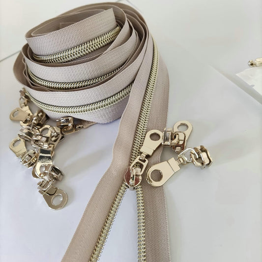 Leekayer #5 Light Gold Teeth Metallic Nylon Coil Zippers by The Yard Bulk 10 Yards Beige Tape with 25pcs Gold Sliders for DIY Sewing Tailor Craft Bag(Beige)