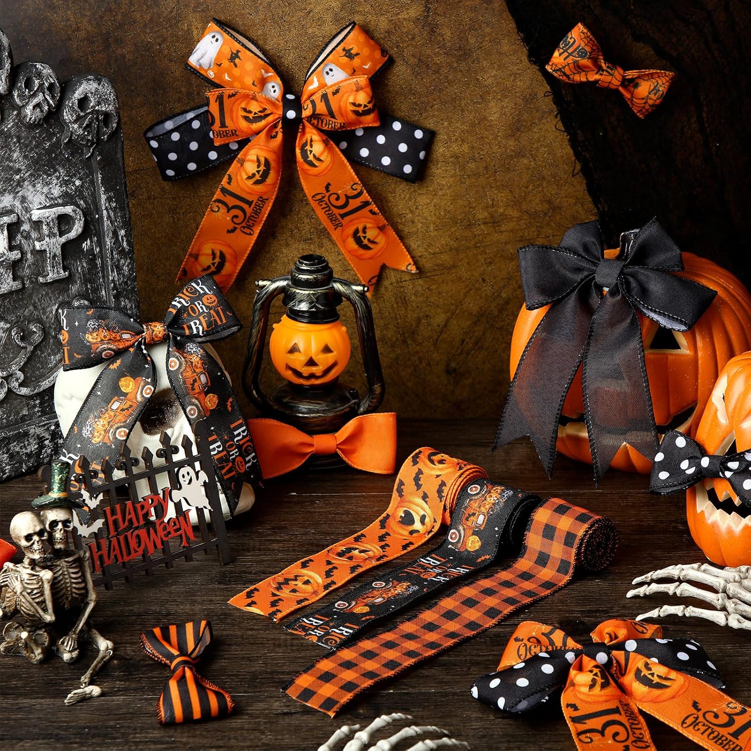 12 Rolls Halloween Wired Edge Ribbon for Wreaths 2 Inch x 60 Yards Bat Spider Web Pumpkin Print Ribbon Ghost Witch Hat Crafts for Halloween Party Decorative Supplies, 12 Styles - Crafty Corner