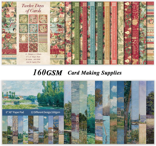 48 Sheets 24 Designs Scrapbook Paper Pad, 6"×6" Single-Sided Decopodge Craft Cardstock Paper,Scrapbooking DIY Decorative Background Cardmaking Supplies.Carols&Paintings - Crafty Corner