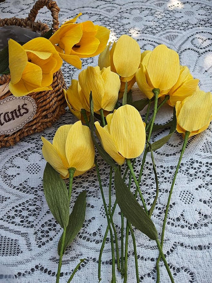 Yellow Crepe Paper Tulip Bouquet for Home Decor Table Centerpieces DIY Flower Making Kit with Floral Tape & 12 Wire Stems