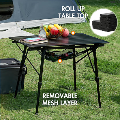 PORTAL Camping Table Foldable Portable with Adjustable Legs, Aluminum Folding Table Roll Up Table with Carrying Bag for Outdoor, Beach, Picnic, Backyards, BBQ and Party, Black