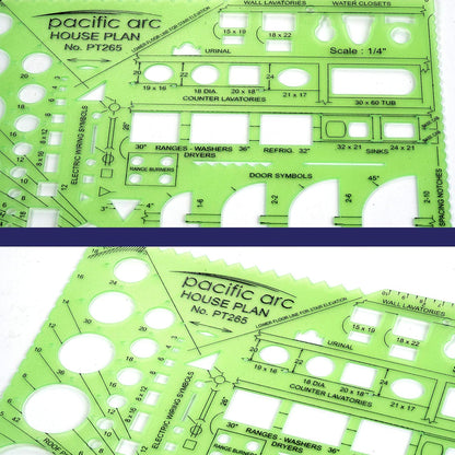 Pacific Arc House Plans Templates Guide, with Stairs, Doors, Plumbing, Kitchen Appliances, and Roof Pitch Gauge, Scale of 1/4 Inch to 1 Foot