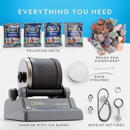 National Geographic Rock Tumbler Kit – Hobby Edition Includes Rough Gemstones, and 4 Polishing Grits, Great STEM Science Kit for Geology Enthusiasts, Rock Polisher for Kids and Adults