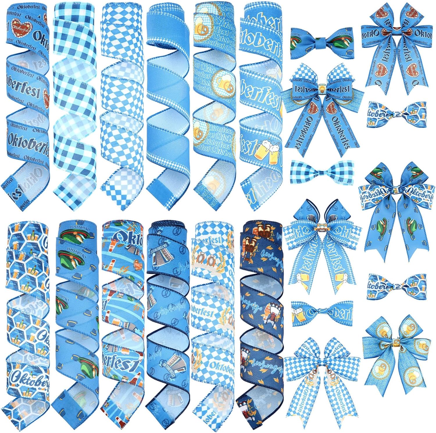 12 Rolls Oktoberfest Wired Edge Ribbon for Wreaths 2.5 Inch x 30 Yards Blue and White Print Grosgrain Ribbon Bavarian German Beer Crafts for Oktoberfest Party Decorative Supplies, 12 Styles - Crafty Corner