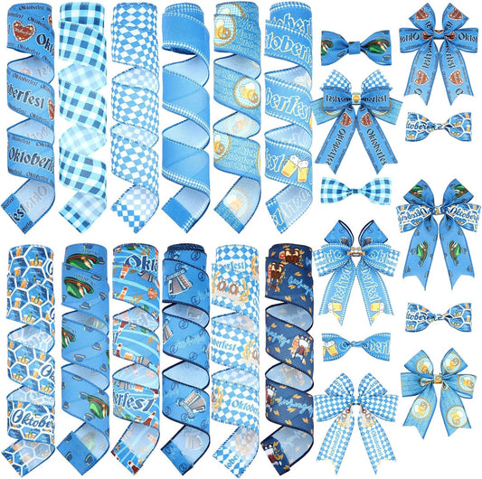 12 Rolls Oktoberfest Wired Edge Ribbon for Wreaths 2.5 Inch x 30 Yards Blue and White Print Grosgrain Ribbon Bavarian German Beer Crafts for Oktoberfest Party Decorative Supplies, 12 Styles - Crafty Corner