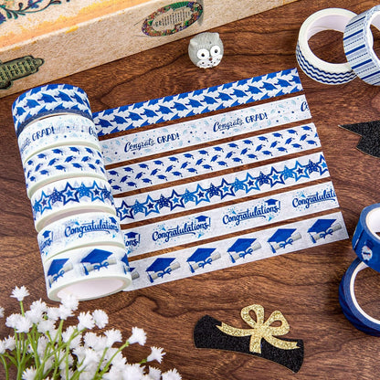 Whaline 12 Rolls Graduation Washi Tape Blue White Congrats Grad Washi Masking Tape Congratulations Star Grad Cap Decorative Paper Stickers for Graduation Scrapbook Gift Wrapping DIY Art Crafts