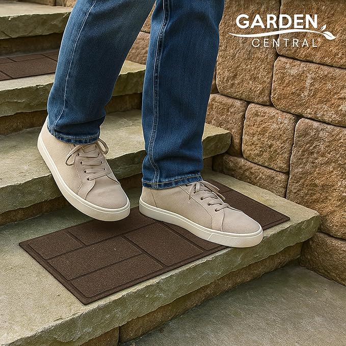 Garden Central 4-Pack 24”x10” Fake Cobblestone Rubber Stair Treads, Rectangular, Brown – Reversible Non-Slip Faux Stepping Stones for Landscaping Pathways – DIY Decor for Indoor & Outdoor Steps