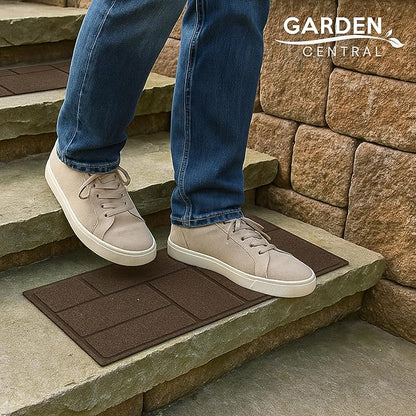 Garden Central 4-Pack 24”x10” Fake Cobblestone Rubber Stair Treads, Rectangular, Brown – Reversible Non-Slip Faux Stepping Stones for Landscaping Pathways – DIY Decor for Indoor & Outdoor Steps