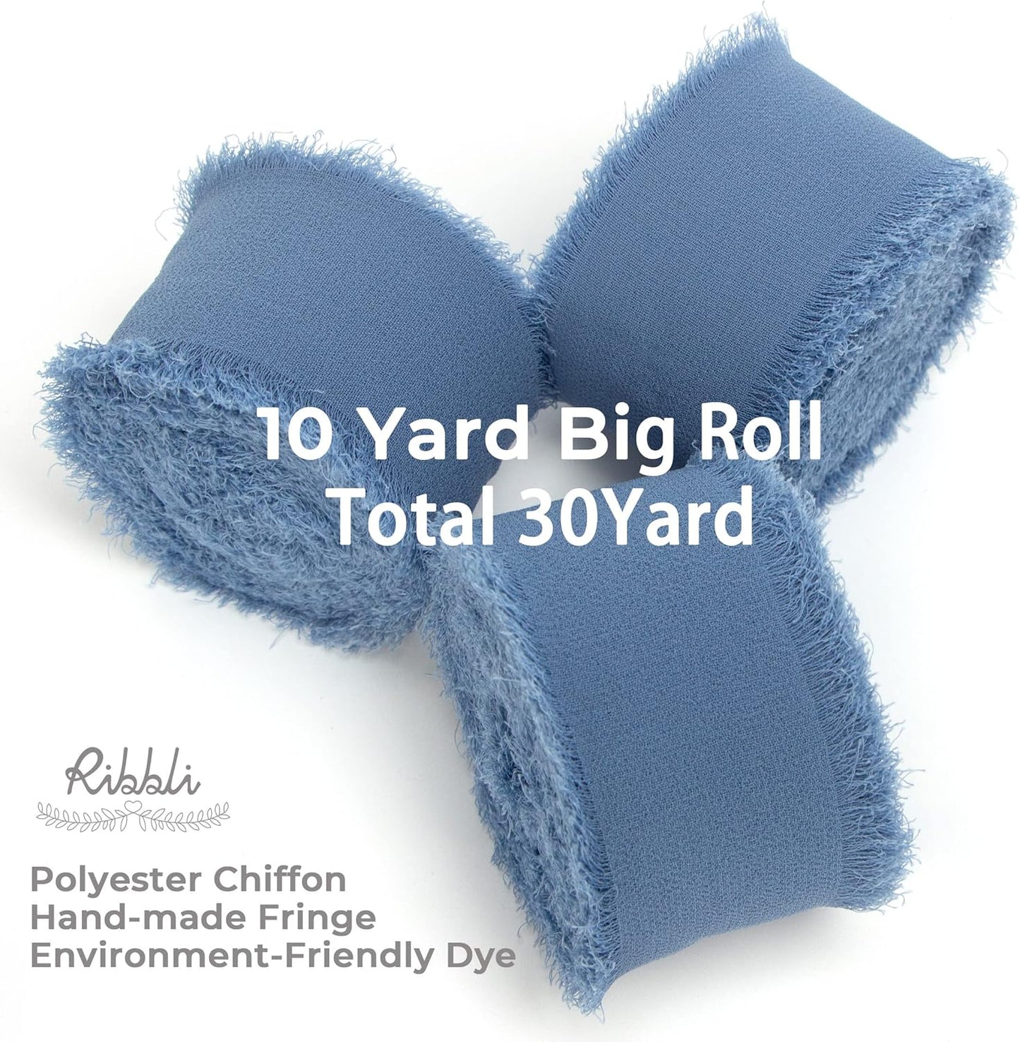 Ribbli Dusty Blue Chiffon Ribbon - 1-1/2 inch x 30 Yard Handmade Fringe Silk Ribbon for Wedding Invitations, Bridal Bouquets, Flower Arrangements - Crafty Corner