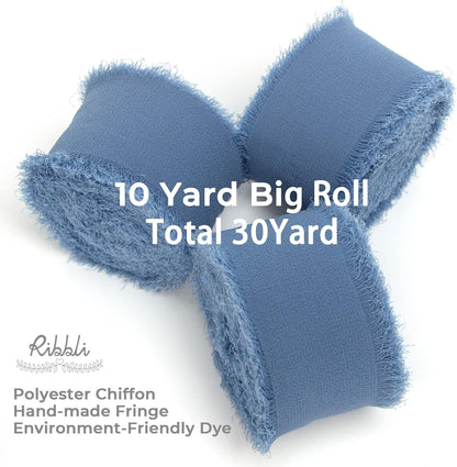 Ribbli Dusty Blue Chiffon Ribbon - 1-1/2 inch x 30 Yard Handmade Fringe Silk Ribbon for Wedding Invitations, Bridal Bouquets, Flower Arrangements - Crafty Corner