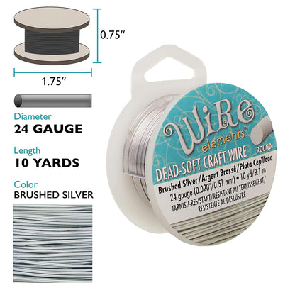 The Beadsmith Wire Elements Craft Wire – Tarnish Resistant, Soft Temper, Round, Brush Silver Color – 0.51mm, 24 Gauge, 10 Yard Spool – Jewelry Making, Wire Wrapping, Floral, & Other DIY Crafts