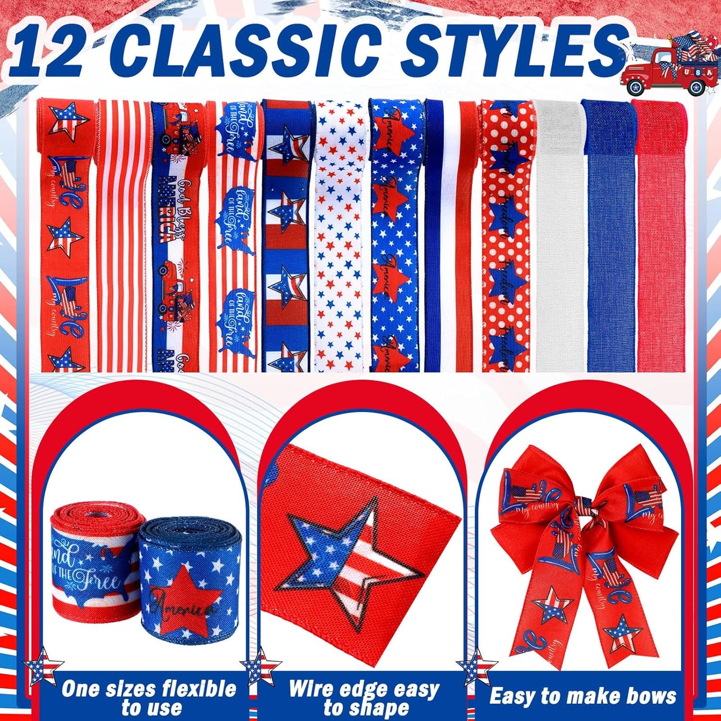 12 Rolls 60 Yards 4th of July Patriotic Ribbon Stars and Stripes Burlap Wired Edge Ribbon White Blue Red Decorative Crafts for Independence Day Memorial Day Gift Wrapping DIY Bow Craft - Crafty Corner