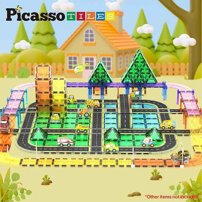 PicassoTiles Magnetic Building Tiles Car Track Magnet Vehicle Adventure Theme Printed Street Road Runway Speedway Highway Block Construction Expansion Add-on Education Learning Toys for Kids 3+ PTE16
