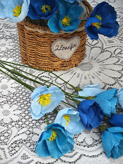 Blue Crepe Paper Poppy Flower DIY Making Kit 24 pcs Easy-to-Make Handcraft Supplies for Beginners & Artisans
