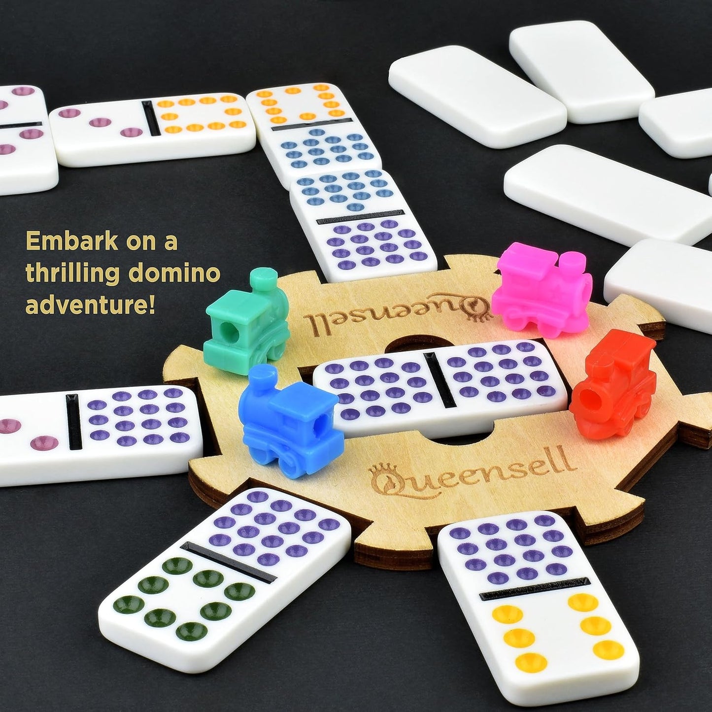 Queensell Mexican Train Dominoes - 136 Colored Dot Double 15s, 9 Trains, Wooden Hub, Aluminum Case