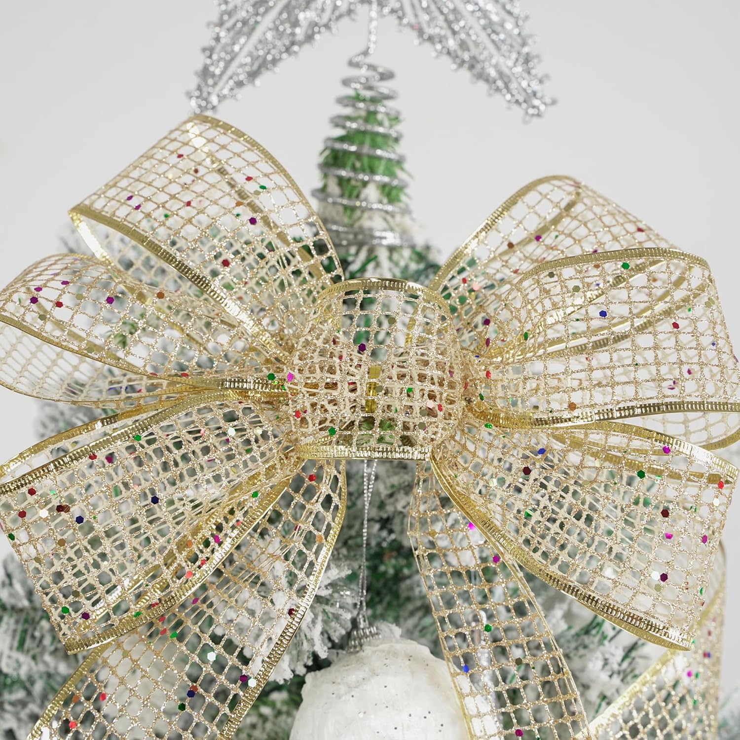 MEEDEE Champagne Gold Glitter Ribbon - 2.5 Inch Square Mesh Net Wired Ribbon with Rainbow Sparkle for Christmas Tree Decoration, Wreath Bow Making (25 Yards) - Crafty Corner