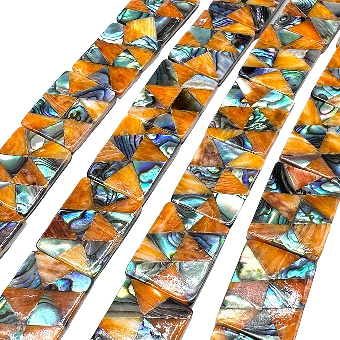 AlohaGemsUSA Spiny Oyster & Abalone Shell Beads - Native American Style (Triangular Mosaic Inlay Artistry with Meticulous Workmanship) Rectangle 15X20mm (Full Strand 16 Inches - 20 Beads)