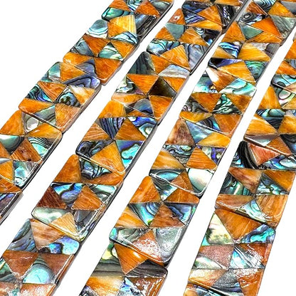 AlohaGemsUSA Spiny Oyster & Abalone Shell Beads - Native American Style (Triangular Mosaic Inlay Artistry with Meticulous Workmanship) Rectangle 15X20mm (Full Strand 16 Inches - 20 Beads)
