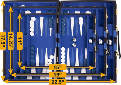 Backgammon Set 15 inch, Medium - Classic Board Game for Adults and Kids with Premium Leather Case - Includes Strategy & Tip Guide (Blue)