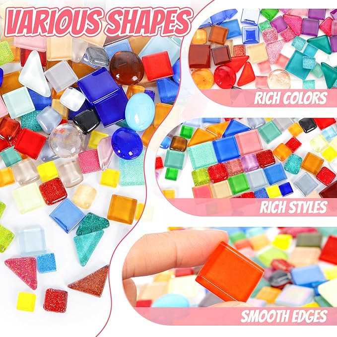 Glass Mosaic Tiles Crafts: 300 Pieces Bulk DIY Kit for Adults with Pre-Cut Mixed Shapes and Iridescent Crystals for Art Home Decor Garden Stepping Stones and Coasters