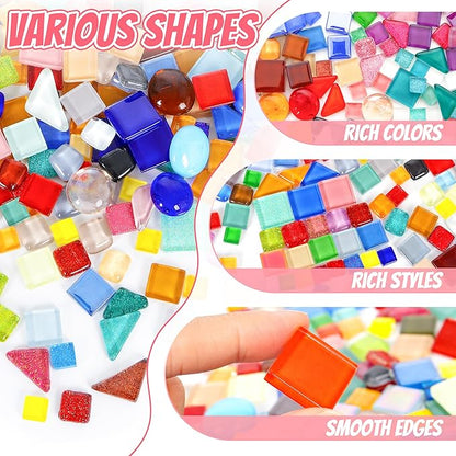 Glass Mosaic Tiles Crafts: 300 Pieces Bulk DIY Kit for Adults with Pre-Cut Mixed Shapes and Iridescent Crystals for Art Home Decor Garden Stepping Stones and Coasters