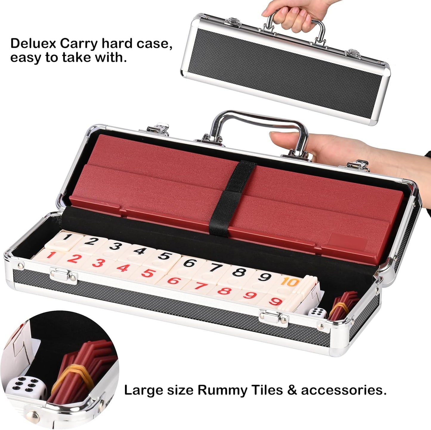 Doublefan Rummy Cube 4 Player Edition, 106 Rummy Cube Game Set with with 4 Plastic Racks in Portable Aluminum Case, Classic Board Game for Adults and Elderly.