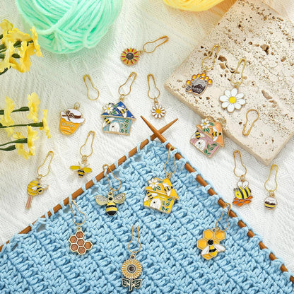 BEEFLYING 16Pcs Bee Honeycomb Stitch Marker Charms, Alloy Enamel Knitting Stitch Marker Charm Pendant for Sewing Crocheting Accessories