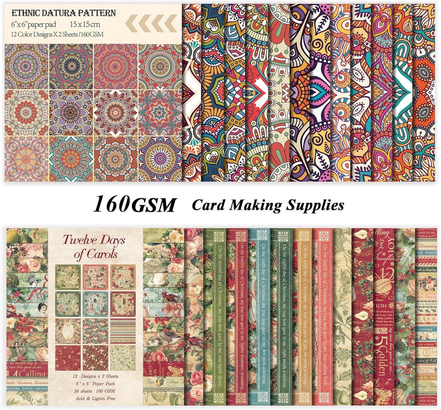 48 Sheets 24 Designs Scrapbook Paper Pad, 6"×6" Single-Sided Decopodge Craft Cardstock Paper,Scrapbooking DIY Decorative Background Cardmaking Supplies.Carols&Datura - Crafty Corner