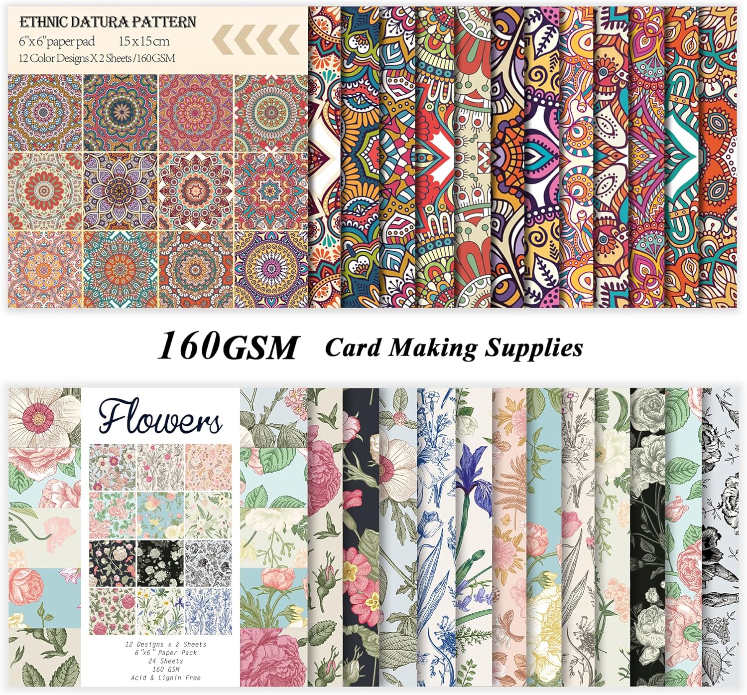 48 Sheets 24 Designs Scrapbook Paper Pad, 6"×6" Single-Sided Decopodge Craft Cardstock Paper,Scrapbooking DIY Decorative Background Cardmaking Supplies.Datura&Flowers - Crafty Corner