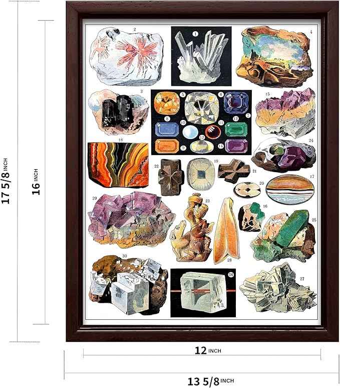 Poster Master Vintage Geology Canvas - Retro Crystals Print - Minerals & Large Rocks Art - Gift for Student & Teacher - Great Wall Decor for Classroom or Library - 12x16 Brown Framed Canvas