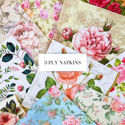 Mystery Pack Decoupage Paper Napkins, 20-ct Assorted Surprise Napkins, Decorative Napkins Roses Floral Flowers for Art Craft Junk Journal, 20 Different Designs