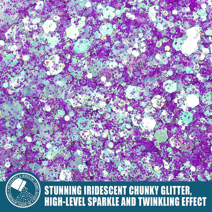 Iridescent Chunky Glitter, 5.64oz/160g Extra Fine Glitter Powder Mixed Chunky PET Flake, Holographic Sequins Bulk for Nail Art, Crafts Painting Festival Decor Slime Tumbler Candle (Purple)