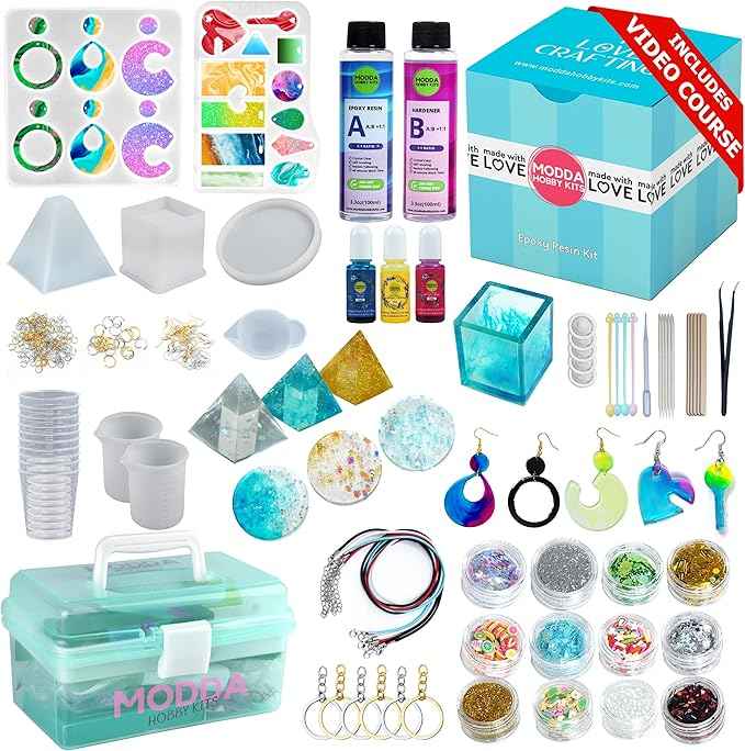 MODDA Epoxy Resin Kit with Video Course, Includes Color Pigment, Silicone molds, Necklace Cord, Earring Hooks for Jewelry Making, Epoxy Resin Starter Kit for Beginners, Adults,Complete Craft Set