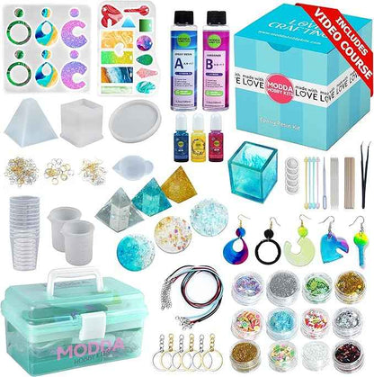 MODDA Epoxy Resin Kit with Video Course, Includes Color Pigment, Silicone molds, Necklace Cord, Earring Hooks for Jewelry Making, Epoxy Resin Starter Kit for Beginners, Adults,Complete Craft Set
