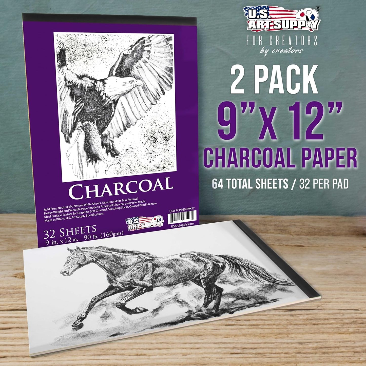 U.S. Art Supply 9" x 12" Premium Heavy-Weight Charcoal Sketchbook (2 Pack, 64 Sheets Total) - 90lb (160gsm) Sketch Book Pad for Charcoal, Pencil & Pastel Drawing - Crafty Corner