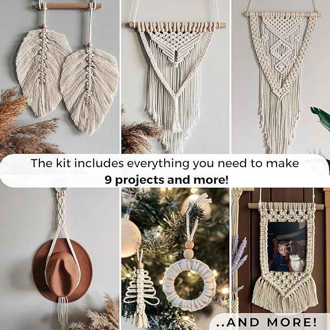MIGO Creates DIY Macrame Kit for Beginners with 9 Macrame Projects Ebook, 115 Pcs Macrame Supplies & 220yd Cotton Yarn | Create Unique Bohemian Decor Craft Projects! Perfect DIY Crafts for Adults!