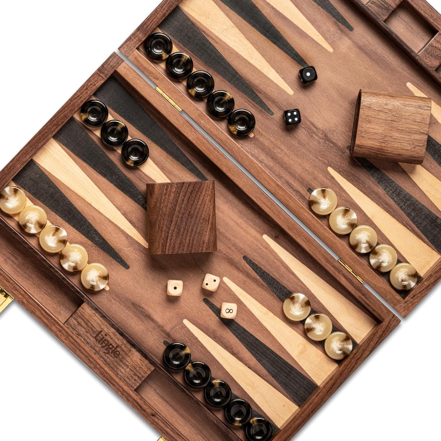 14.5” Premium Natural Walnut Folding Backgammon Sets for Adults and Kids, Including 30 Artificial Horn Checkers, 2 Walnut Dice Cups, and 5 Wooden Dice/Classic Two-Player Strategy Board