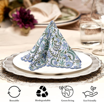 Ridhi Columbia BlueHand Block Print Napkins 18" x 18" Set of 4 Reusable Cotton Dinner Napkins for Weddings, Parties & Everyday Dining, Thanksgiving, Christmas, Fall