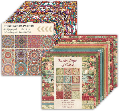 48 Sheets 24 Designs Scrapbook Paper Pad, 6"×6" Single-Sided Decopodge Craft Cardstock Paper,Scrapbooking DIY Decorative Background Cardmaking Supplies.Carols&Datura - Crafty Corner