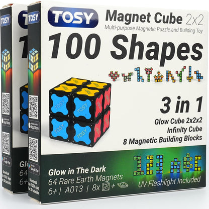 TOSY Magnet Cube 2x2 - 8 Blocks, 2 in 1 Toy: 2x2x2 Puzzle Cube and Customizable Infinity Cube, Glowing, UV Flashlight, Fidget/STEM/STEAM Magnet Tiles Birthday Gift for Kids/Teens/Adults, 2-Pack