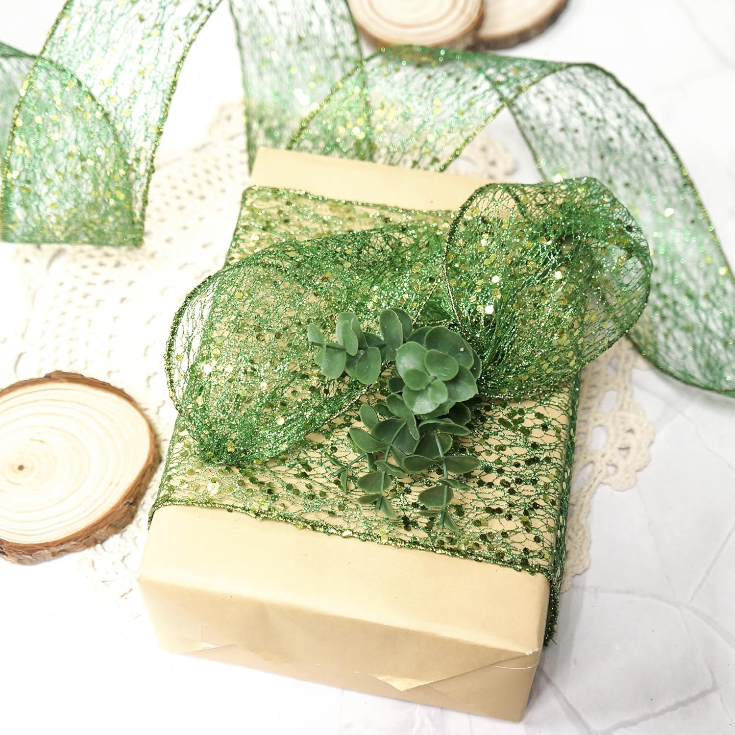 CT CRAFT LLC Sparkling Glitter Mesh Wired Ribbon 2.5" x 10 Yards Green for Christmas Home Decor Bow Gift Wrapping DIY Crafts Wreath - Crafty Corner