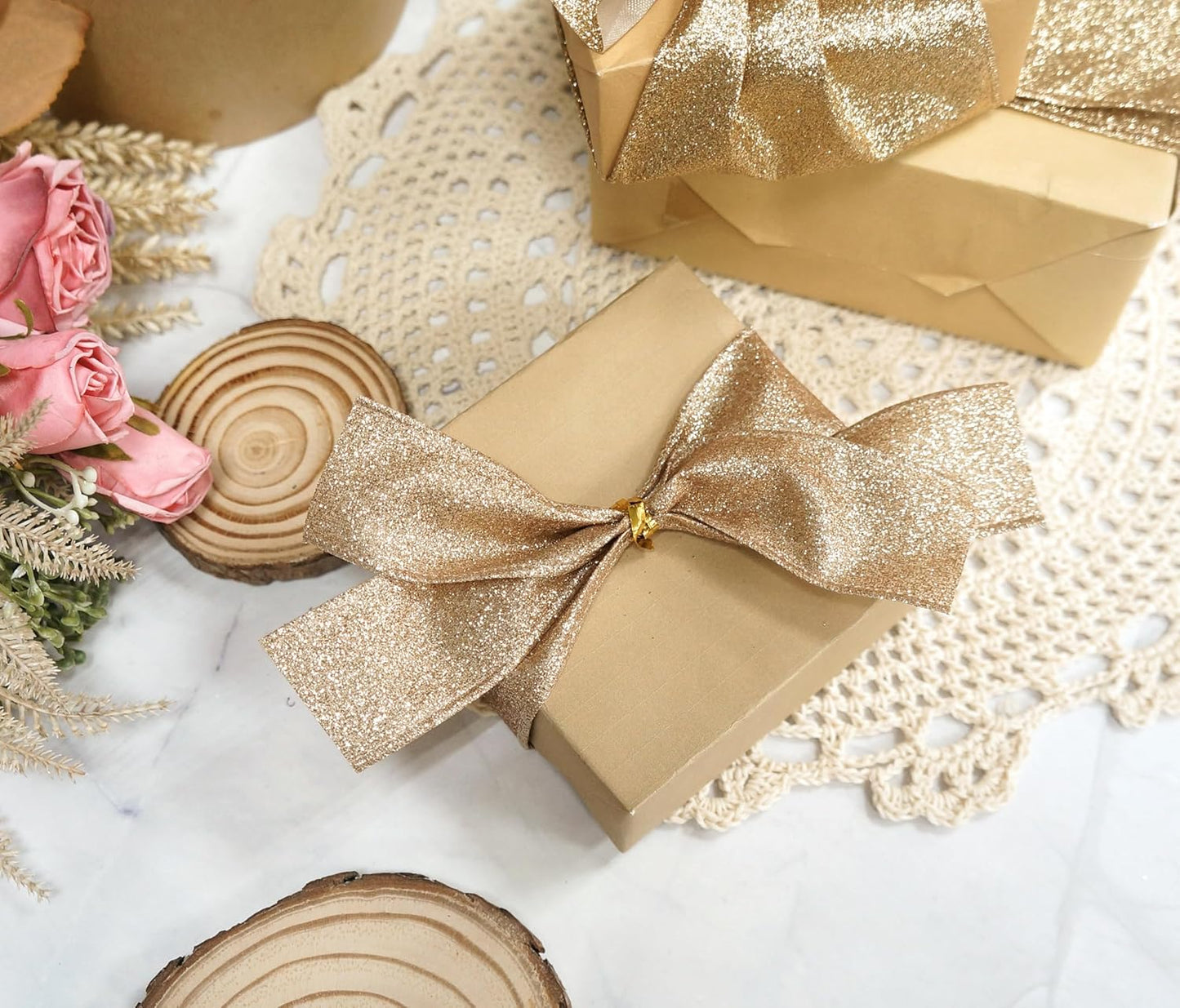 CT CRAFT LLC Glitter Wired Ribbon 1.5" x 10 Yards Gold (Champagne Gold) for Christmas Home Decor Bow Gift Wrapping DIY Crafts Wreath - Crafty Corner