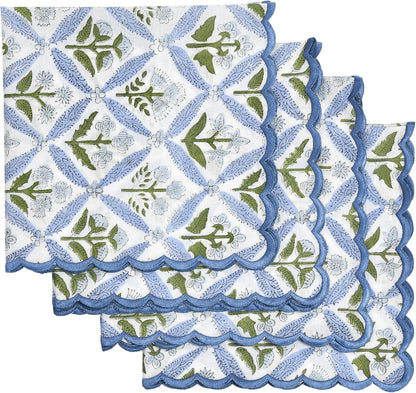 Ridhi Light Steel Blue Hand Block Print Napkins 18" x 18" Set of 4 Reusable Cotton Dinner Napkins for Weddings, Parties & Everyday Dining, Thanksgiving, Christmas, Fall