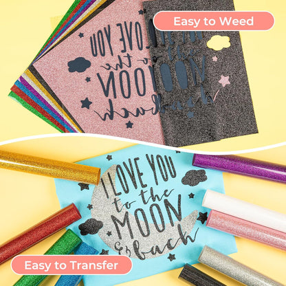 HTVRONT Glitter HTV Heat Transfer Vinyl Bundle: 10 Pack 12"x12" Iron on Vinyl for T-Shirt (1 PTFE Sheet Included), PU HTV Easy to Cut & Weed for Heat Design