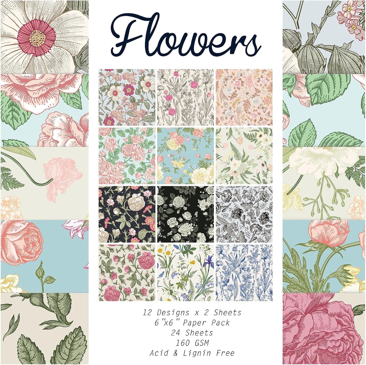 24 Sheets 12 Designs Scrapbook Paper Pad,6"×6” Single-Sided Decopodge Craft Cardstock Paper, Christmas Scrapbooking DIY Decorative Background Cardmaking Supplies.Flowers - Crafty Corner