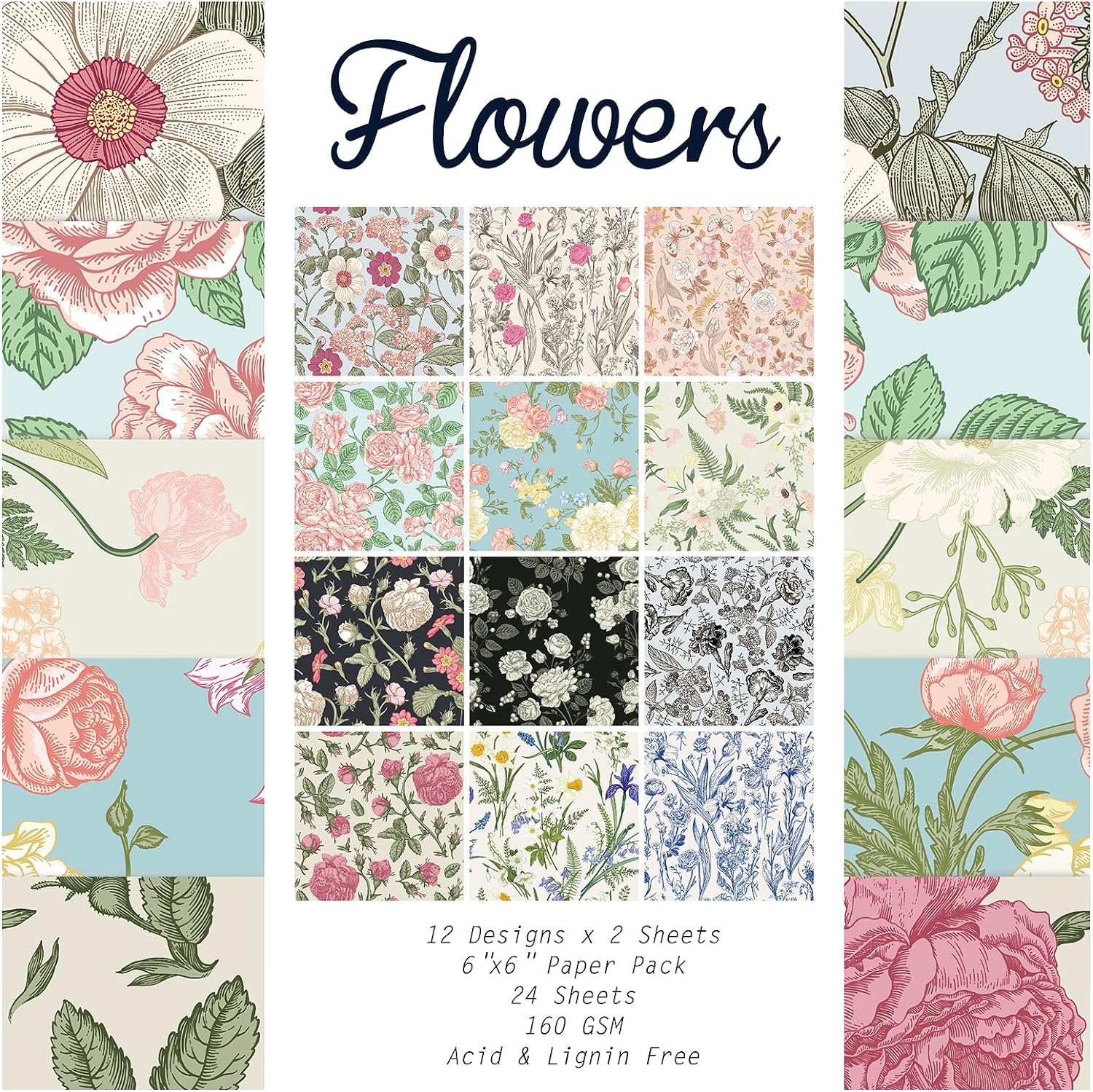 24 Sheets 12 Designs Scrapbook Paper Pad,6"×6” Single-Sided Decopodge Craft Cardstock Paper, Christmas Scrapbooking DIY Decorative Background Cardmaking Supplies.Flowers - Crafty Corner