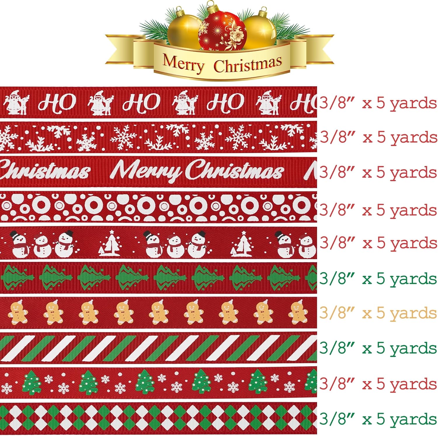 MEEDEE 3/8 inch 100 Yards Assorted Christmas Ribbon - Pack of 20 in Red, Green & White - Mix Grosgrain & Double Face Satin Ribbon for Holiday Décor, Gift Wrapping, Xmas Wreath Bow or Crafting Project - Crafty Corner
