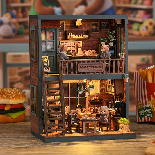 ISSEVE Book Nook Kit - DIY Miniature House Kit for Adults, Teens and Beginners, Dollhouse Booknook Craft Tiny House Bookshelf Decor 3D Wooden Puzzle, Gifts for Friends Family (Bear Restaurant)