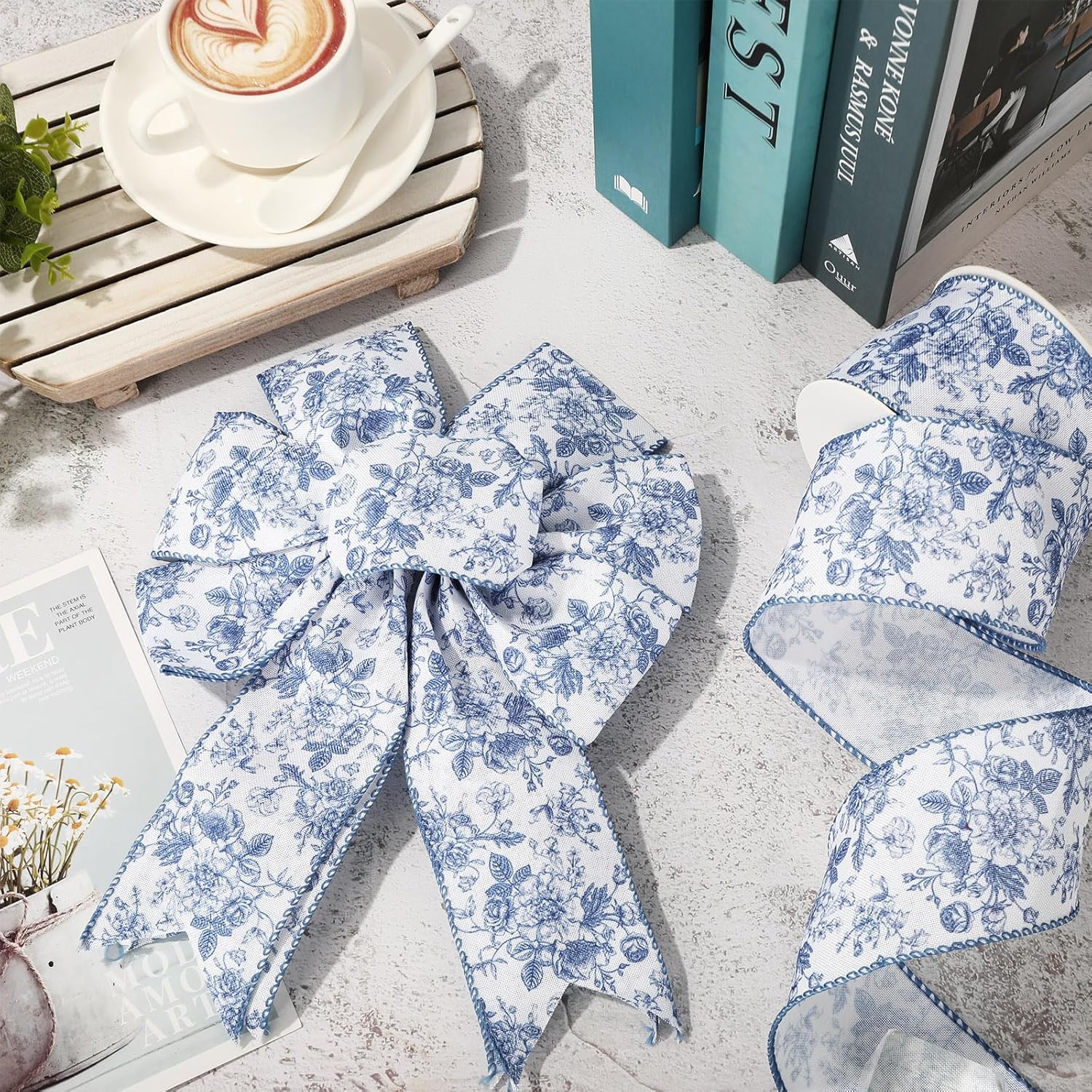 Generic AnyDesign Floral Wired Edge Ribbon Blue Flower Craft Ribbon Chinoiserie Decorative Fabric Ribbon for DIY Crafts Wreath Bow Making, 12 Yards - Crafty Corner
